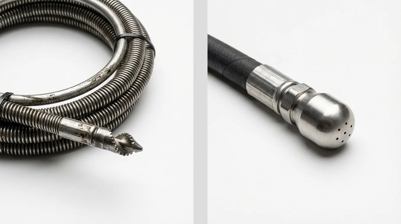 Drain snake cable and hydro jetting nozzle used for drain cleaning in Gower, MO