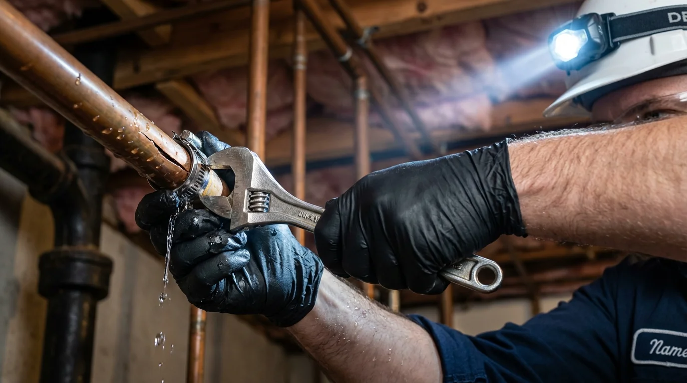 Emergency pipe clamp repair being performed by a Johns Plumbing LLC plumber in Gower