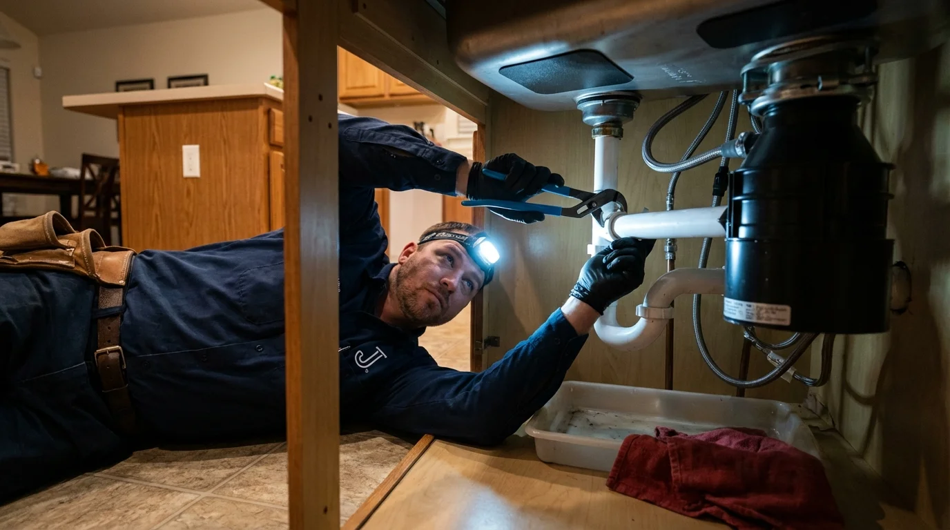 P-trap and supply line connections under a kitchen sink showing a common leak point in Gower, MO